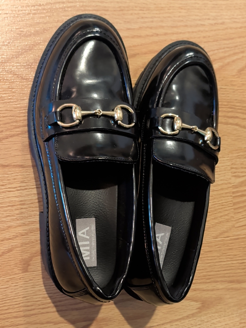 MIA Black Patent Loafers with Gold Bit Hardware